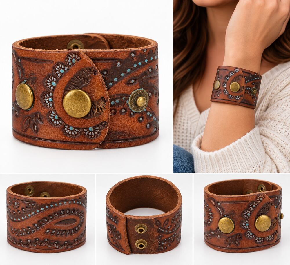 Brown Tooled Leather Western Cuff Bracelet with Turquoise Accents
